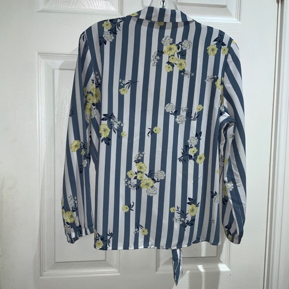 Ann Taylor blue white stripe long sleeve top Sz MP button front tie waist - Picture 5 of 6